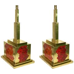 Italian Huge Pair of Pyramidal Brass Table/Floor Lamps with Orange Red Accents