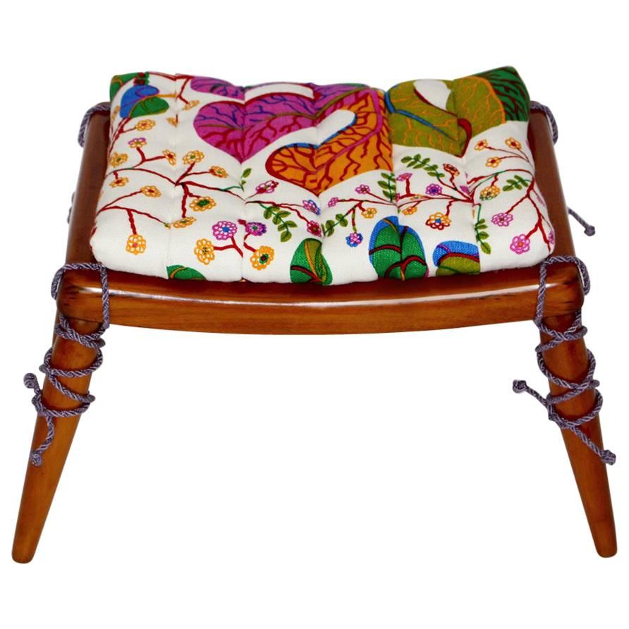 Mid Century Modern Vintage Cherry Stool by Anna Lülja Praun Josef Frank Fabric