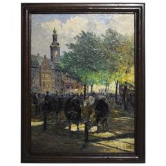 Oil on Canvas Cow Market by J. Schulz, circa 1950 7