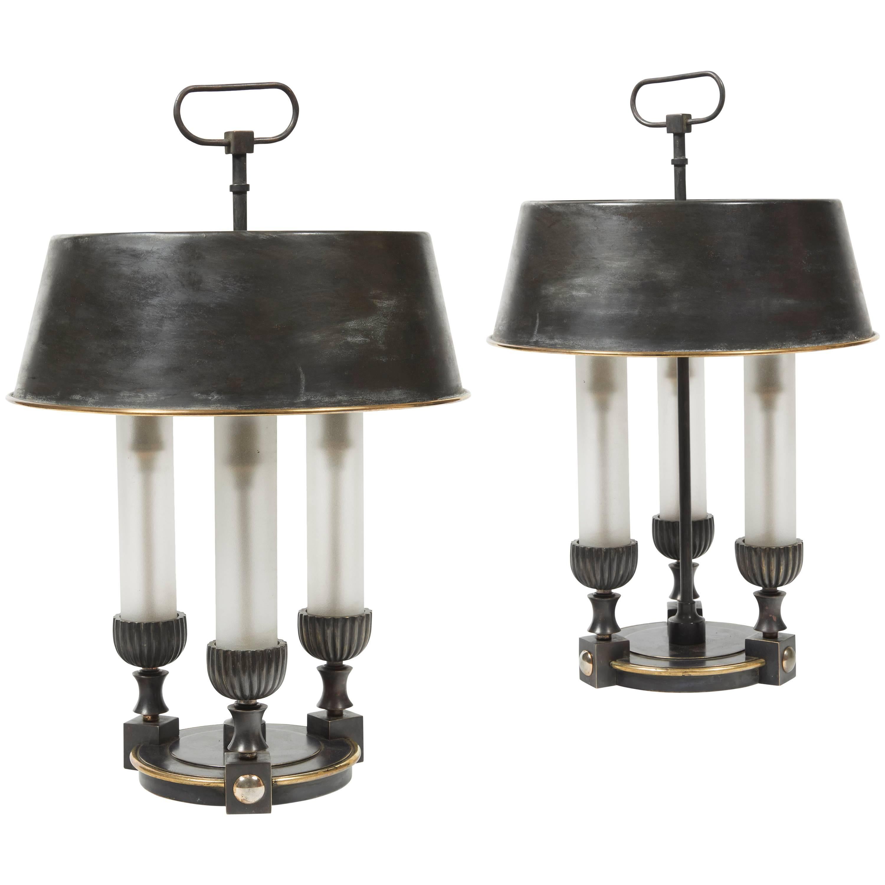 Pair of Lamps "Bouillottes" by Gilbert Poillerat, circa 1940 For Sale