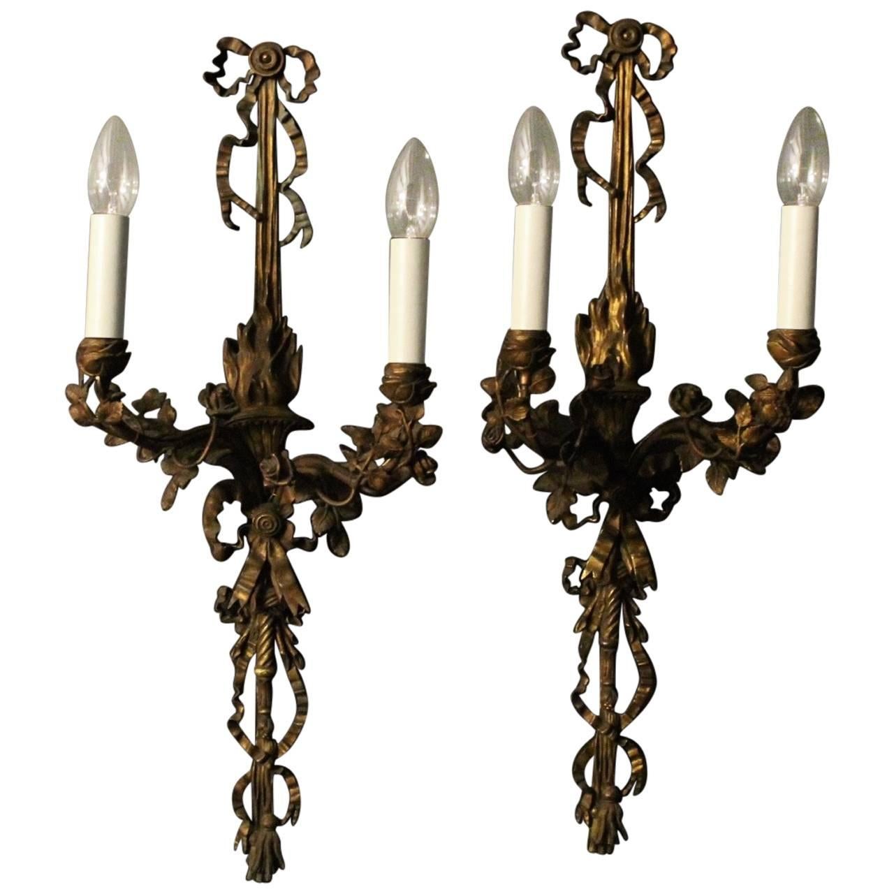 English Pair of Bronze Antique Wall Sconces