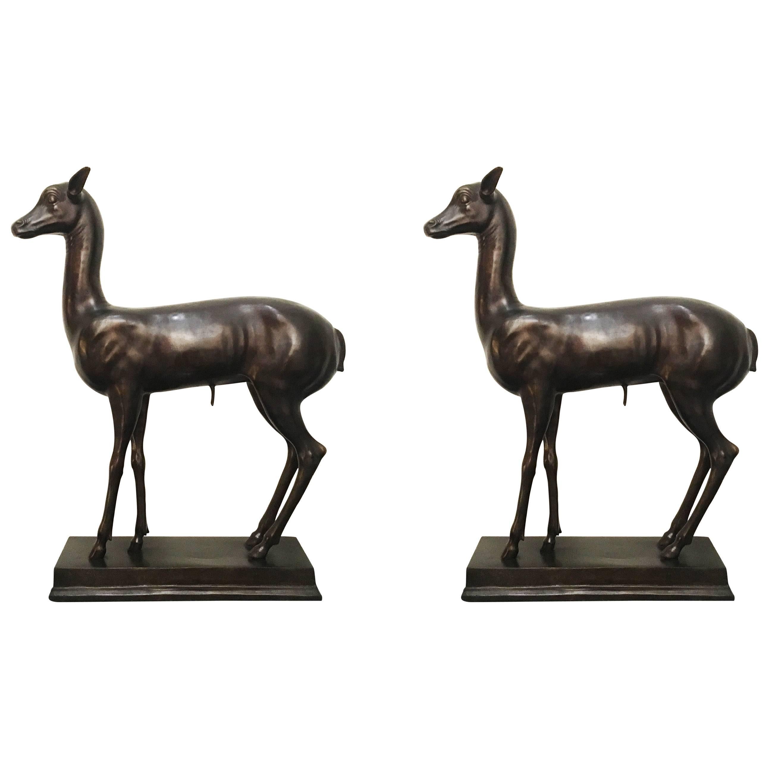 Large Pair of Patinated Cast Bronze Deer Statues For Sale