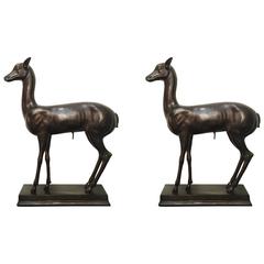 Large Pair of Patinated Cast Bronze Deer Statues