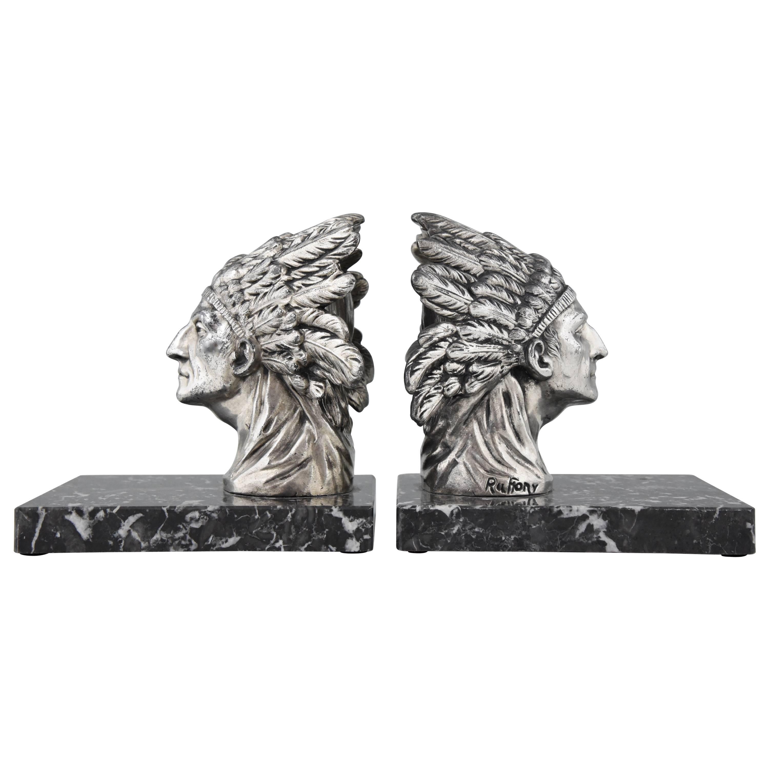 French Art Deco Indian Bookends by Ruffony on Marble Base, 1930