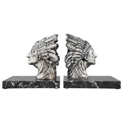 Vintage French Art Deco Indian Bookends by Ruffony on Marble Base, 1930