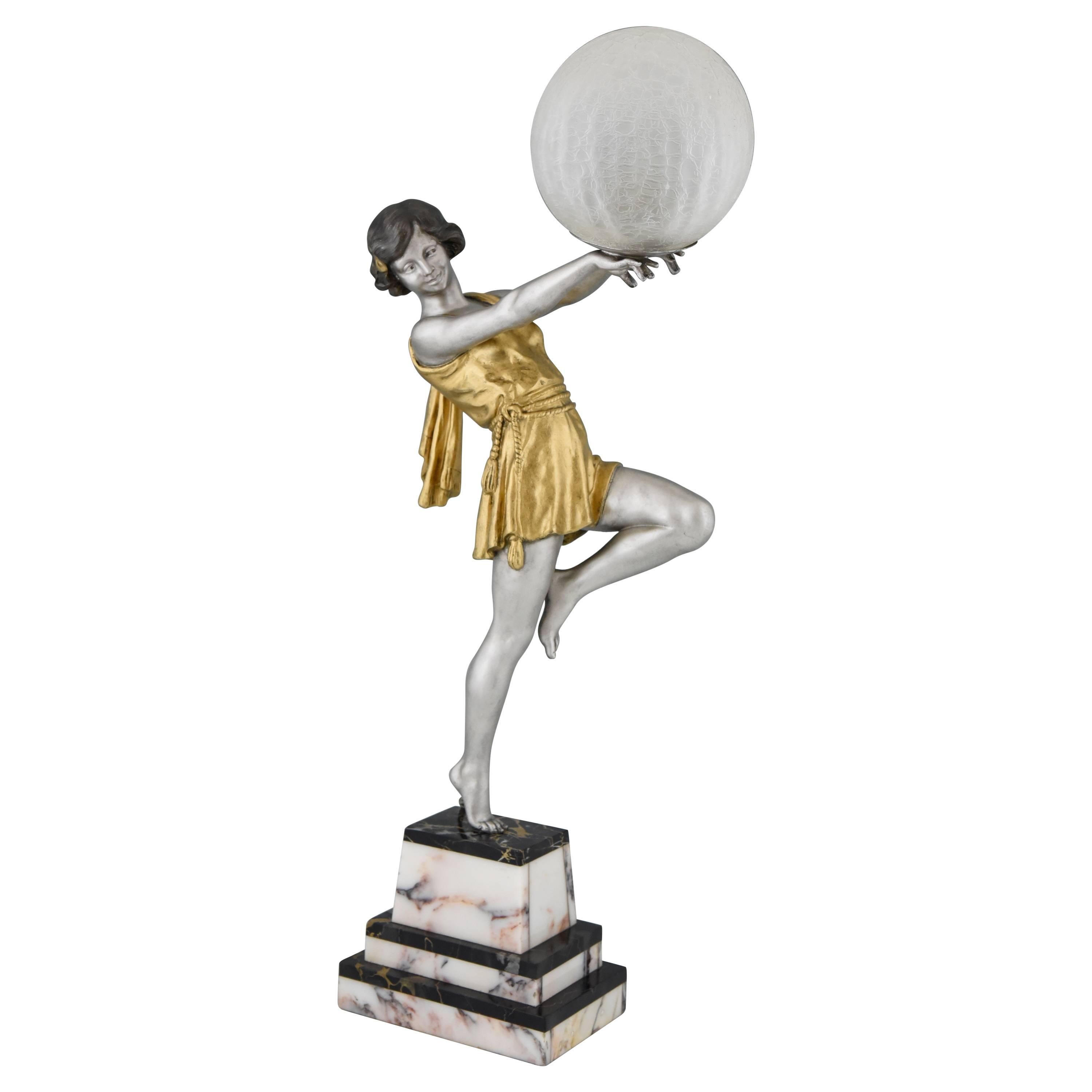 French Art Deco Lamp Lady with Ball by Emile Carlier on Marble Base, 1930