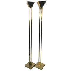 Stunning Pair of Brass Torchere or Floor Lamps in the Manner of Fontana Arte