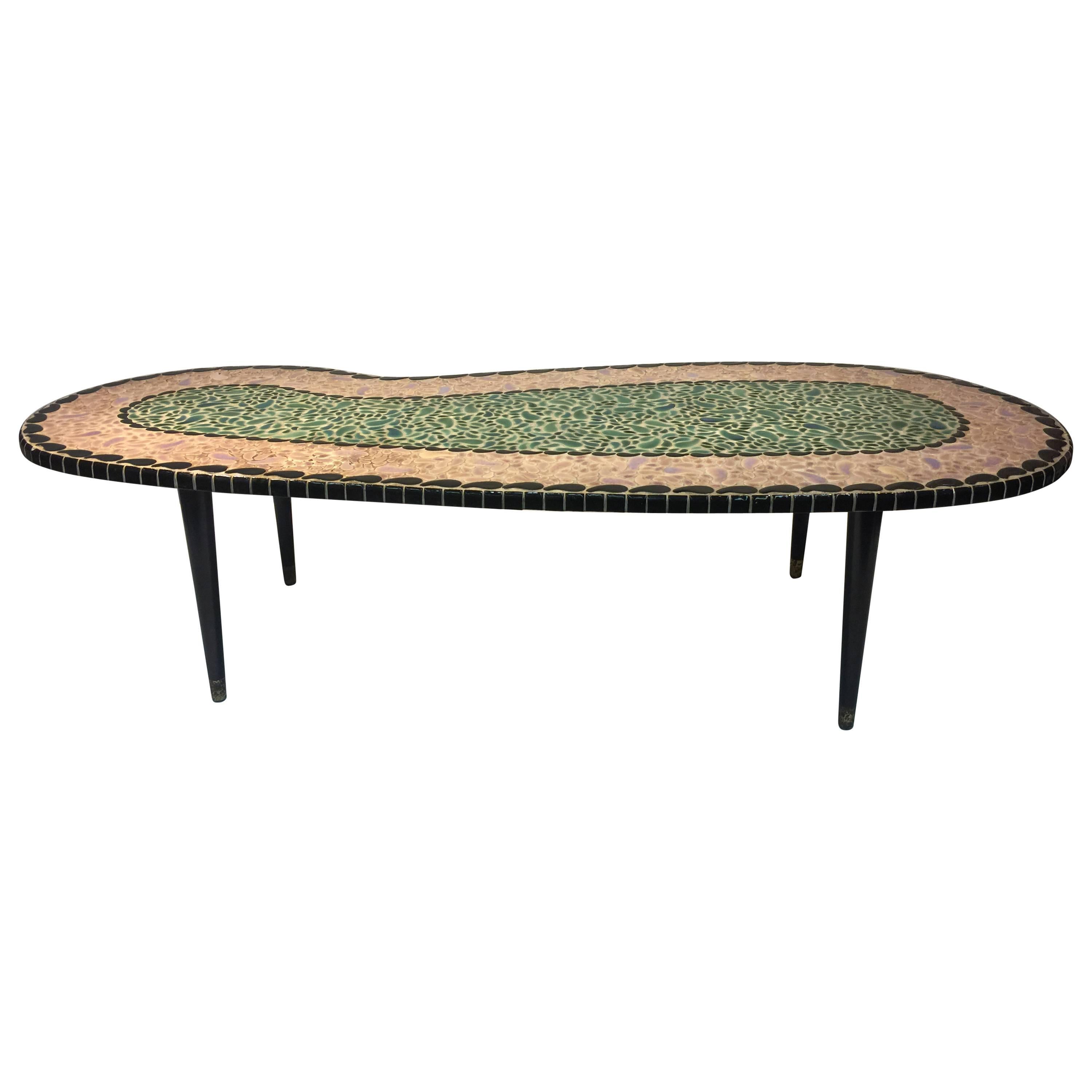 Magnificent Mosaic Tile Top Coffee Table in an Unusual Kidney Shape For Sale