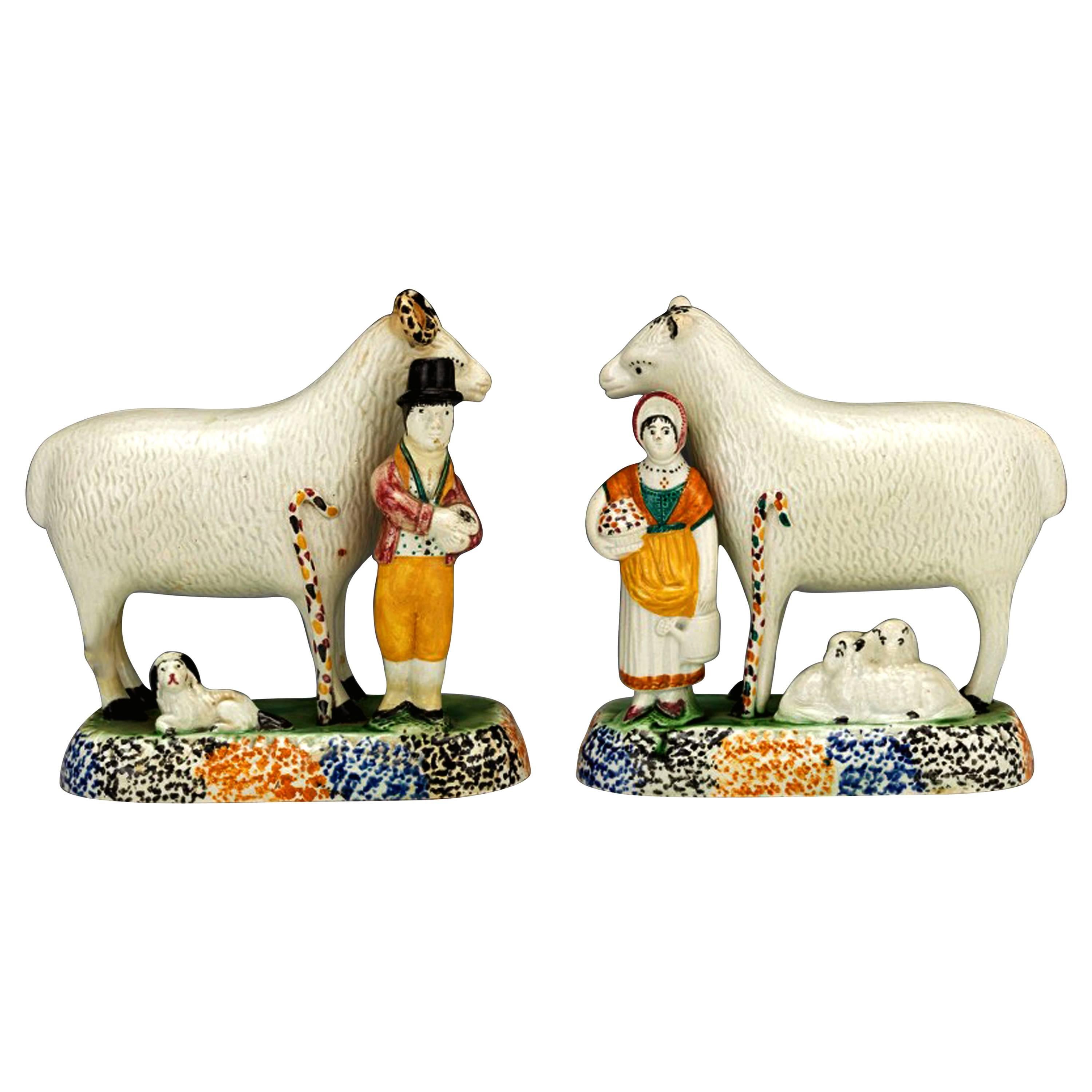 Pair of Yorkshire Prattware Ram and Sheep Figures with Shepherd and Shepherdess