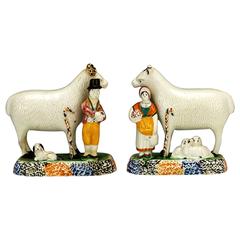 Antique Pair of Yorkshire Prattware Ram and Sheep Figures with Shepherd and Shepherdess