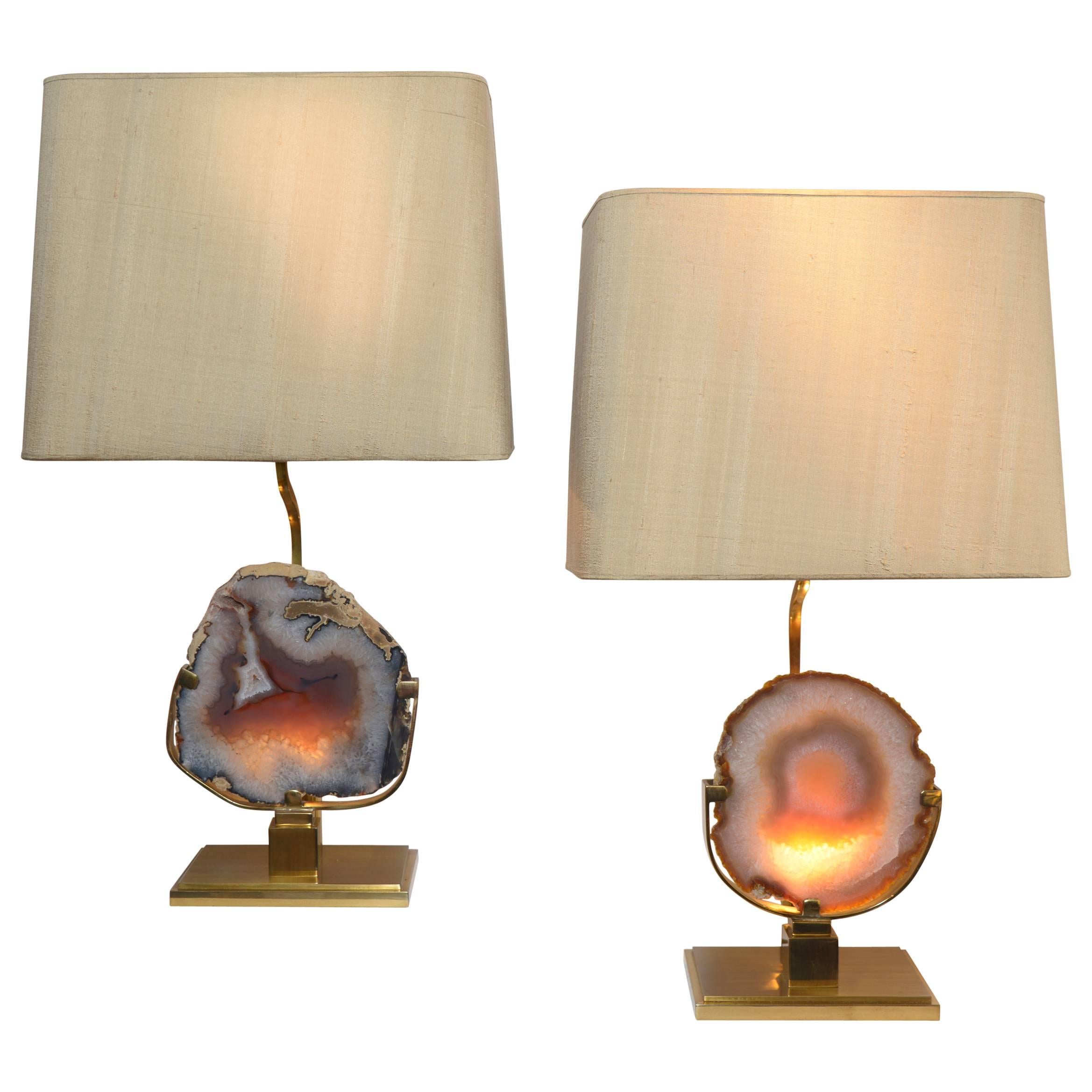 Pair of large Willy Daro Bronze and Agate Table Lamps