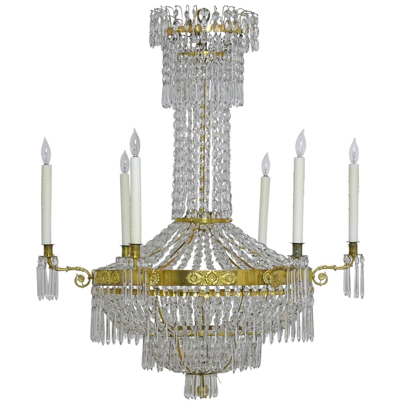 Antique Swedish Gustavian /Empire Crystal Chandelier w/ Gilt Bronze & Ten Lights