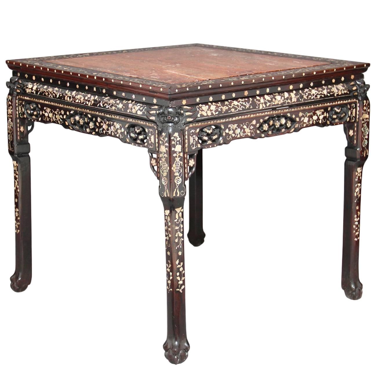 19th Century Carved Chinese Rosewood and Mother-of-Pearl Centre Table