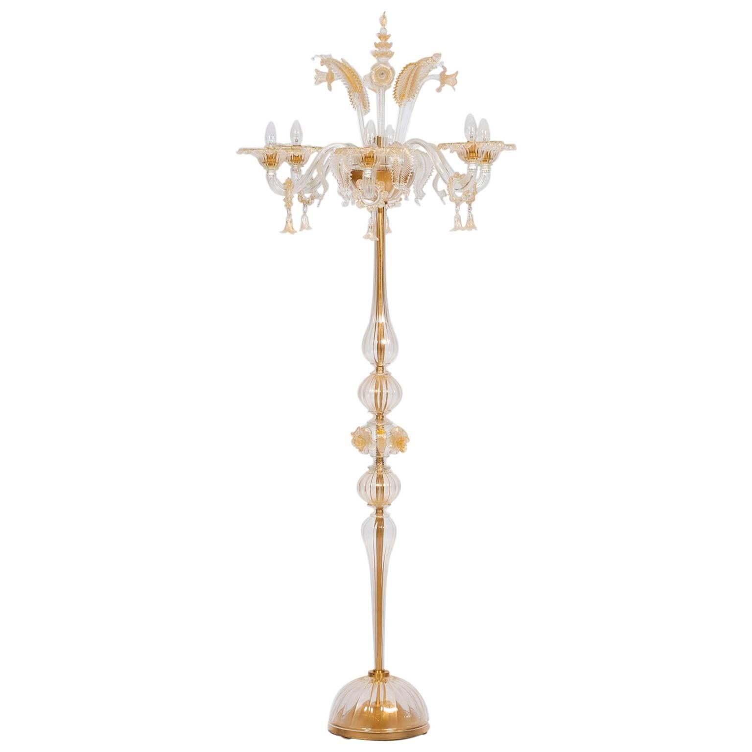 Gold Floor Lamp in blown Murano Glass flowers and leaves 1990s Italy