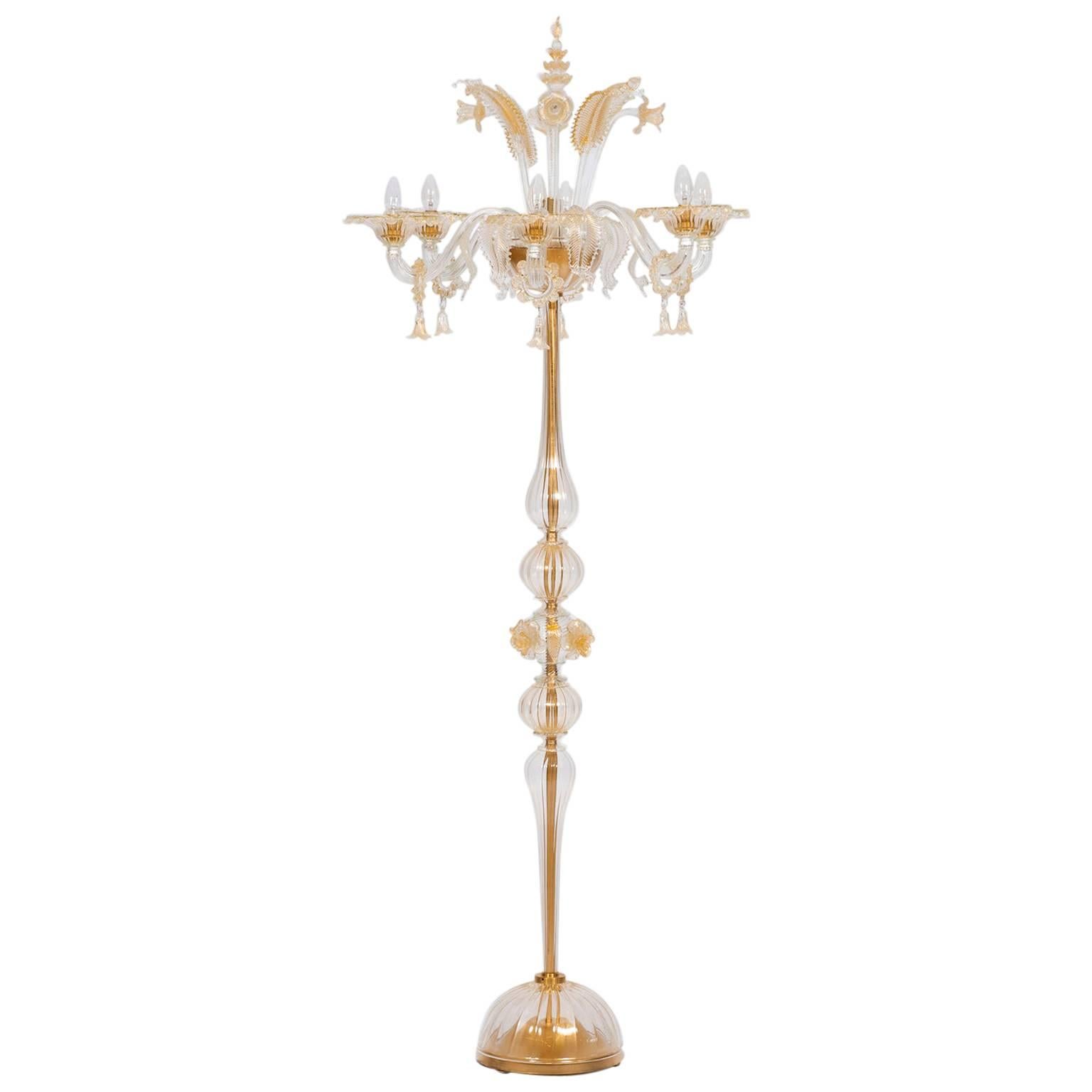 Lampadaire doré en verre de Murano soufflé avec fleurs et feuilles, années 1990, Italie