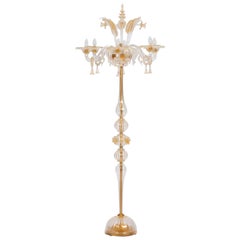 Vintage Gold Floor Lamp in blown Murano Glass flowers and leaves 1990s Italy