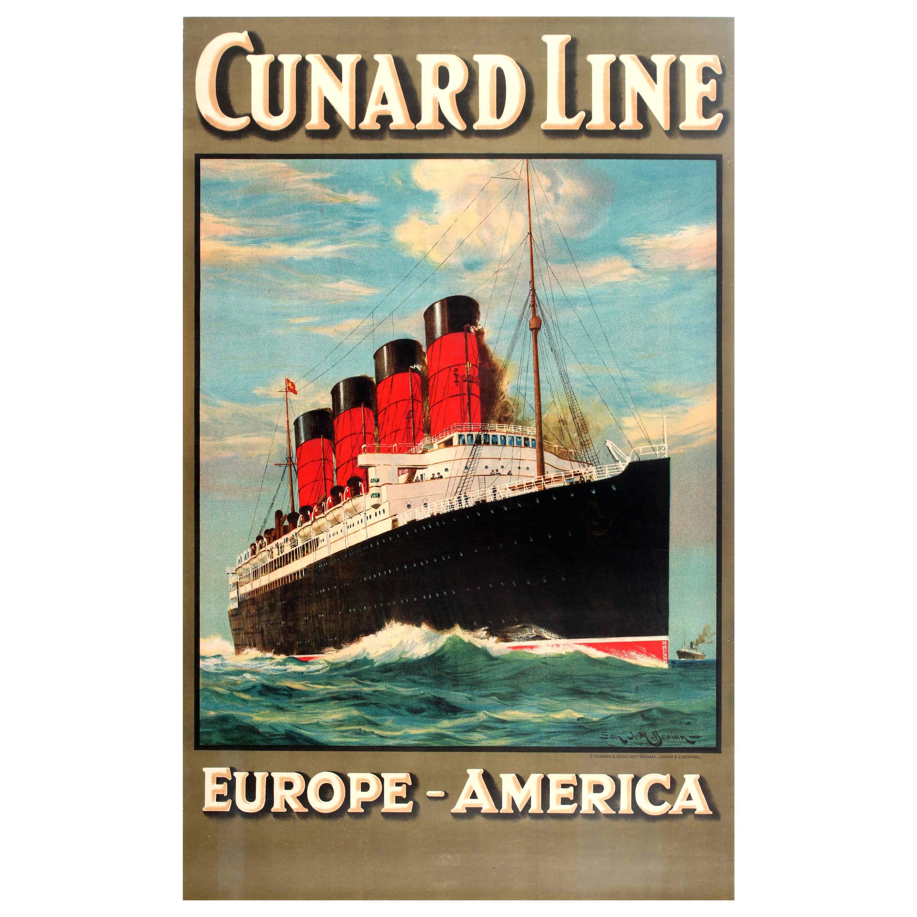 Original 1920s Cunard Line Cruise Ship Travel Advertising Poster Europe-America