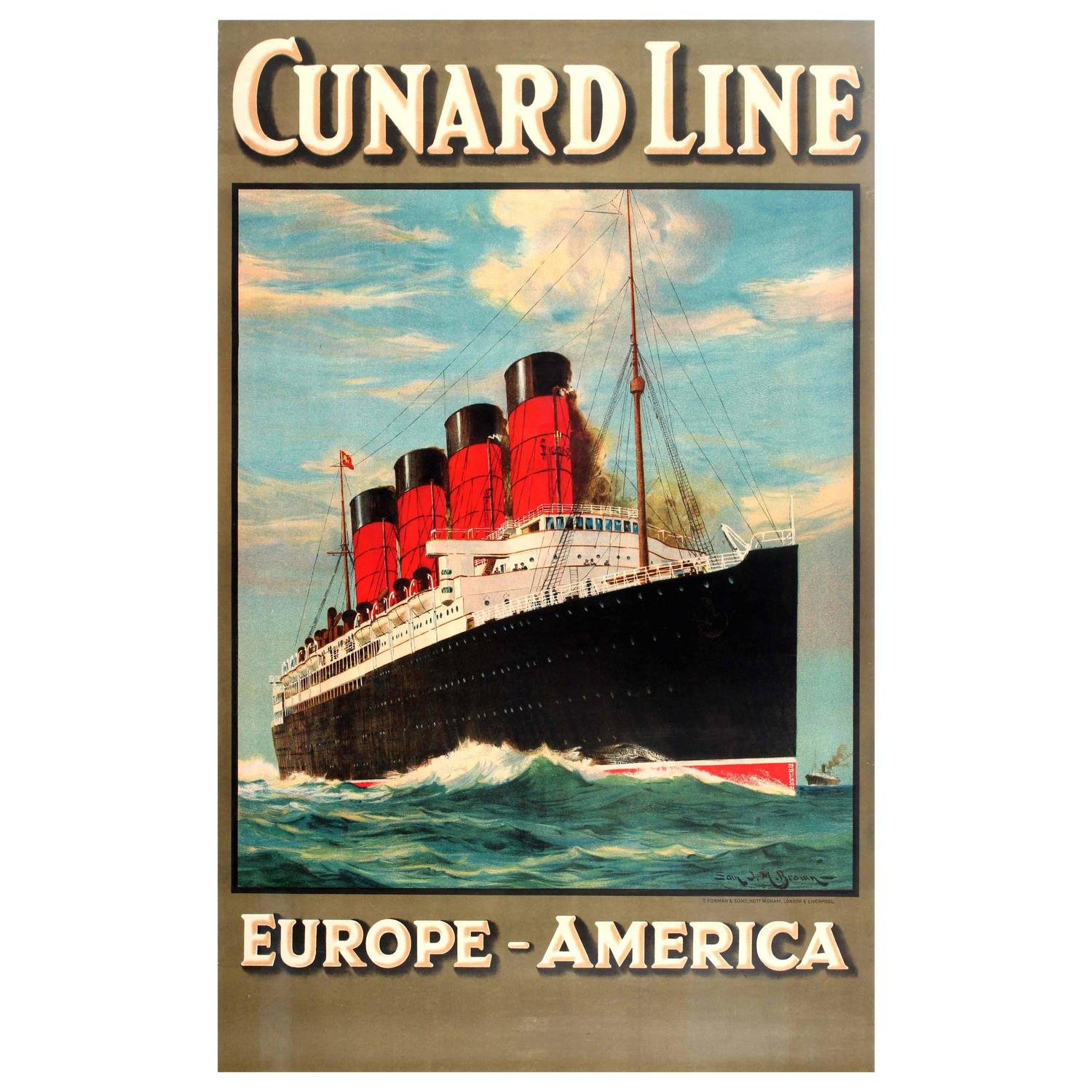 Original 1920s Cunard Line Cruise Ship Travel Advertising Poster Europe America At 1stdibs
