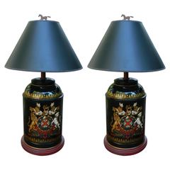 Pair of Black Tole Canisters Adapted as Lamps, 20th Century