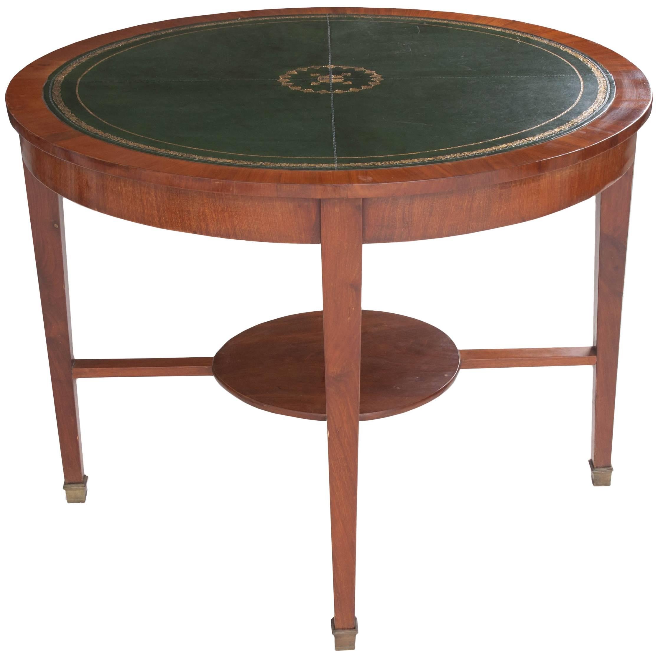 French 19th Century Round Leather Top Mahogany Table
