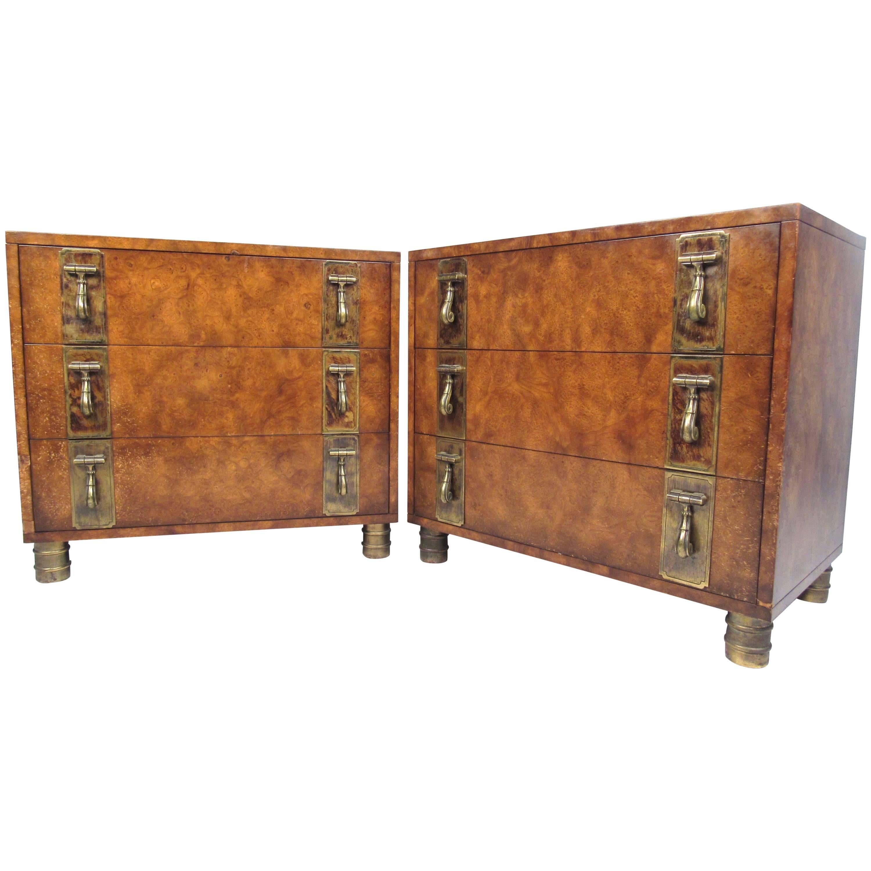 Pair of Mid-Century Brass and Burl Wood Dressers by Mastercraft