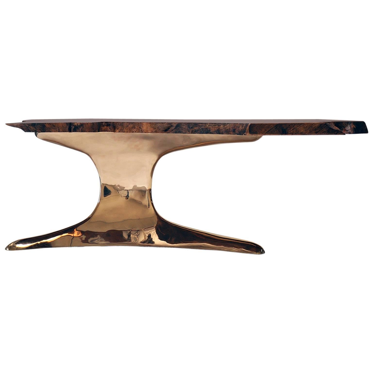 Root Table in Cast Polished Bronze and Natural Edge Oak by Newell Design For Sale