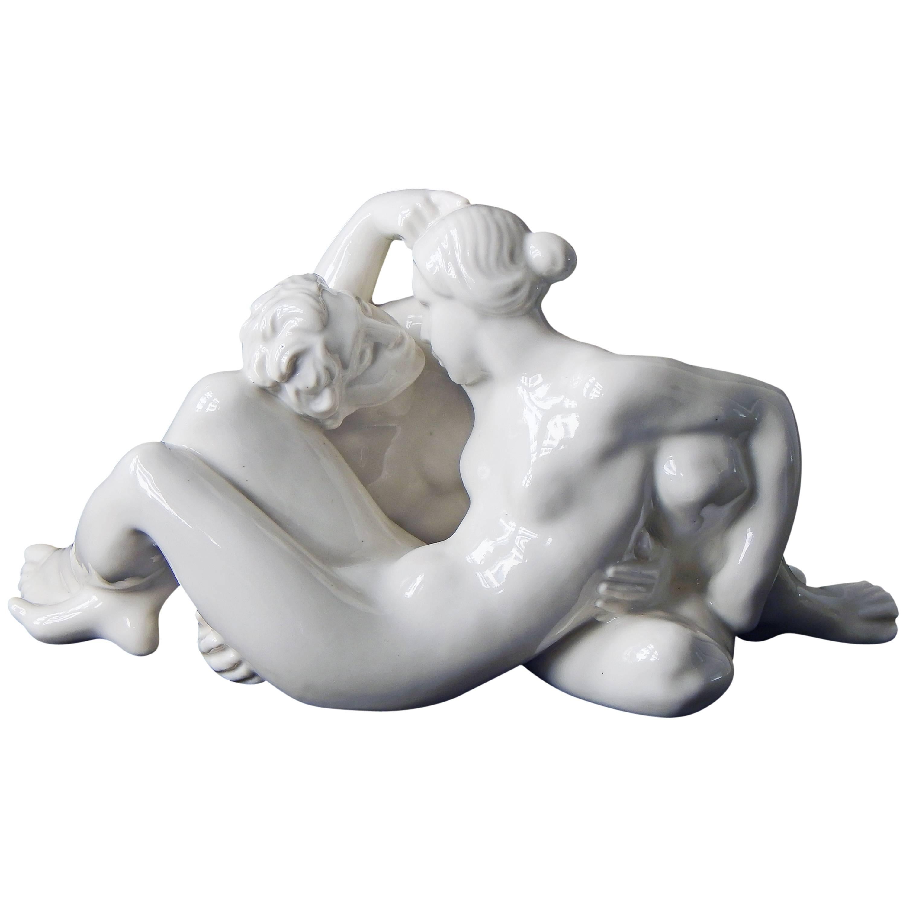 "Adam and Eve, " Sensuous Art Deco Porcelain Sculpture with Nudes by Bregnoe