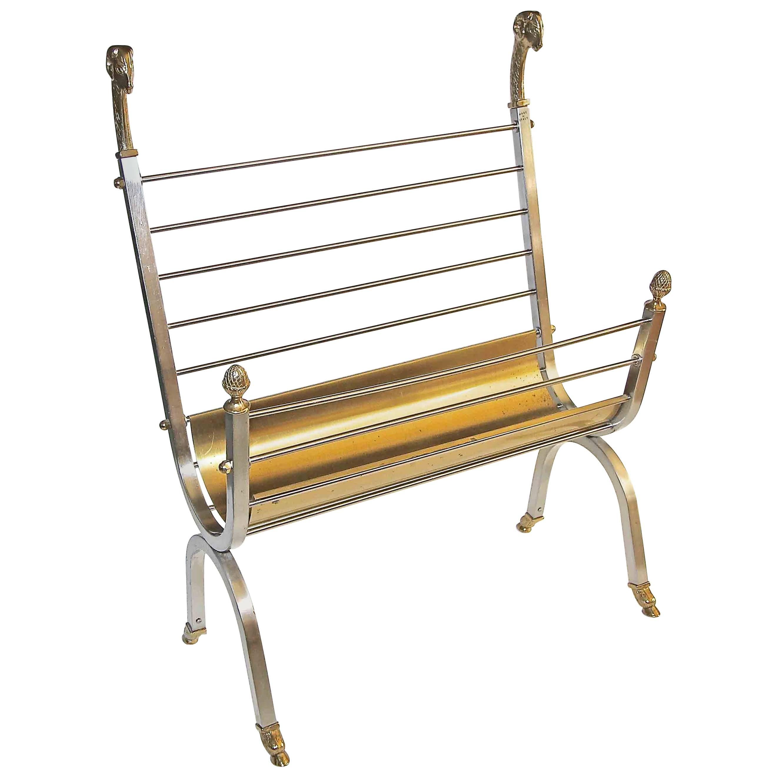 Jansen Style Italian Steel Brass Rams Head Magazine Rack For Sale