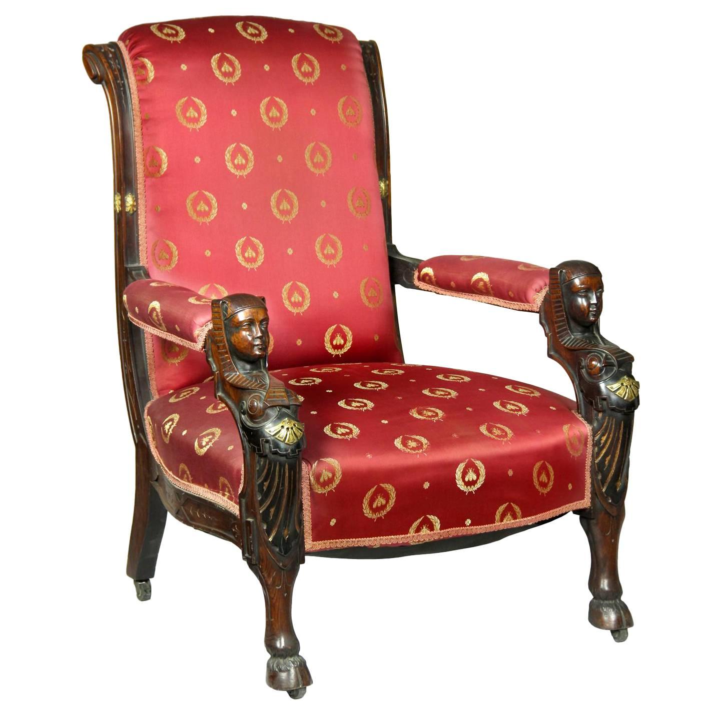 Carved Mahogany Egyptian Revival Armchair, New York, circa 1860, Herter Brothers For Sale