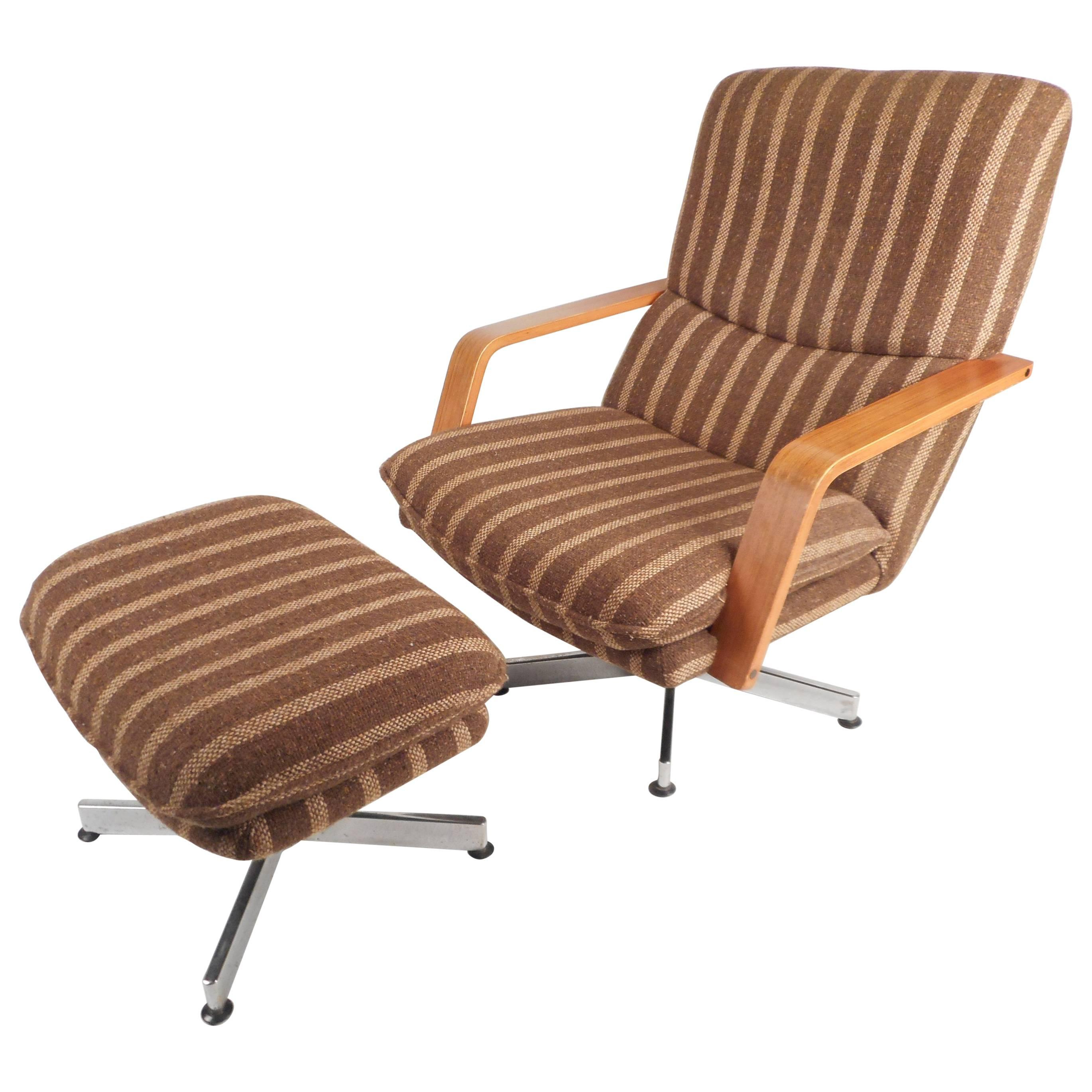 Mid-Century Modern Teak and Chrome Swivel Lounge Chair with Ottoman