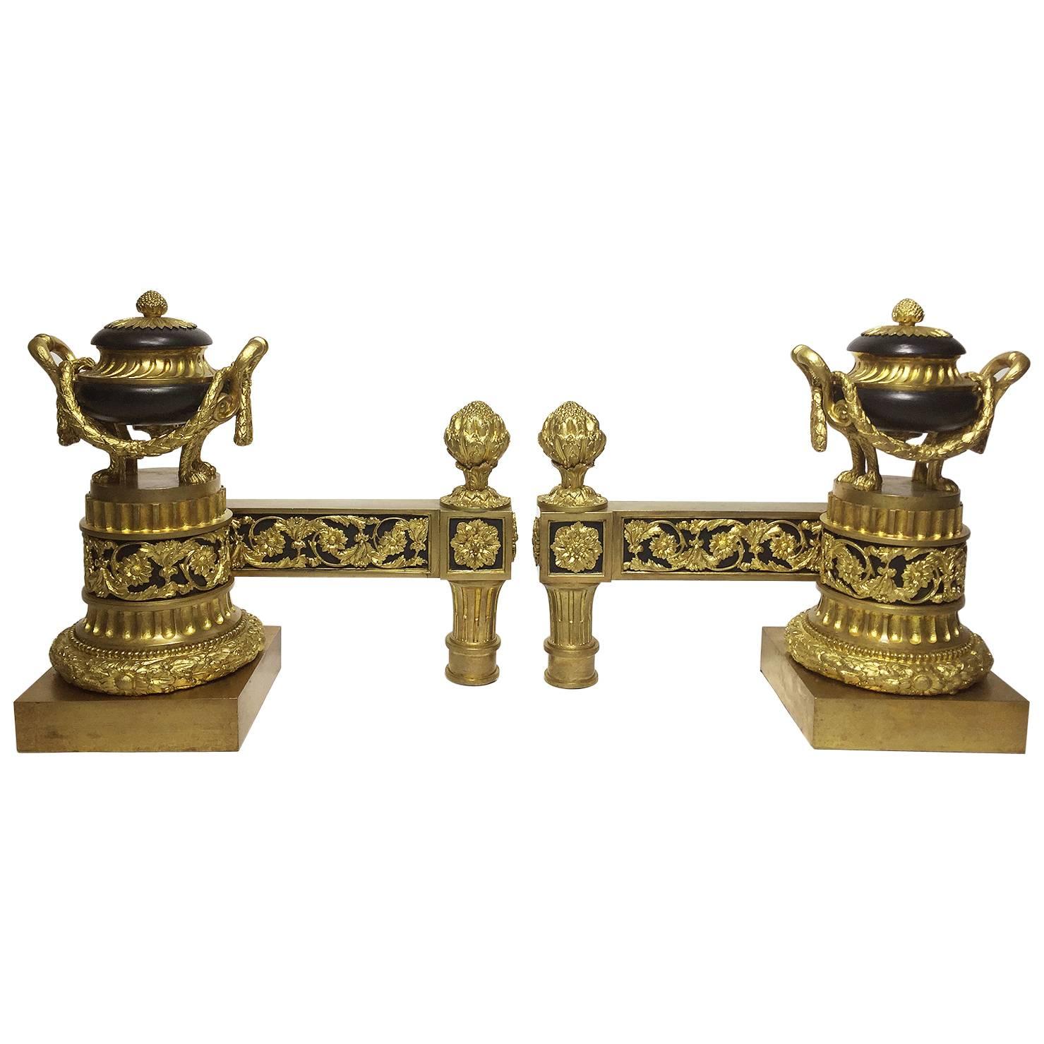 Fine Pair of French 19th Century Louis XVI Chenets, Andirons by Bouhon et Cie
