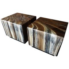 Glamorous Pair of Resin Coated Italian Faux Marble Cube Tables C. 1970s