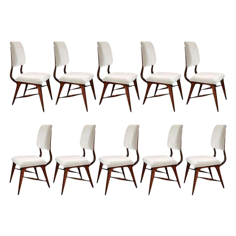 Set of Ten 1970s Brazilian Wood Dining Chairs in Grey Velvet For Sale