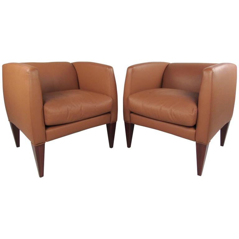 Domito Club Chair Upholstered Leather Cast Bronze Armrests Steel Pair Of Contemporary Modern Italian Leather Club Chairs