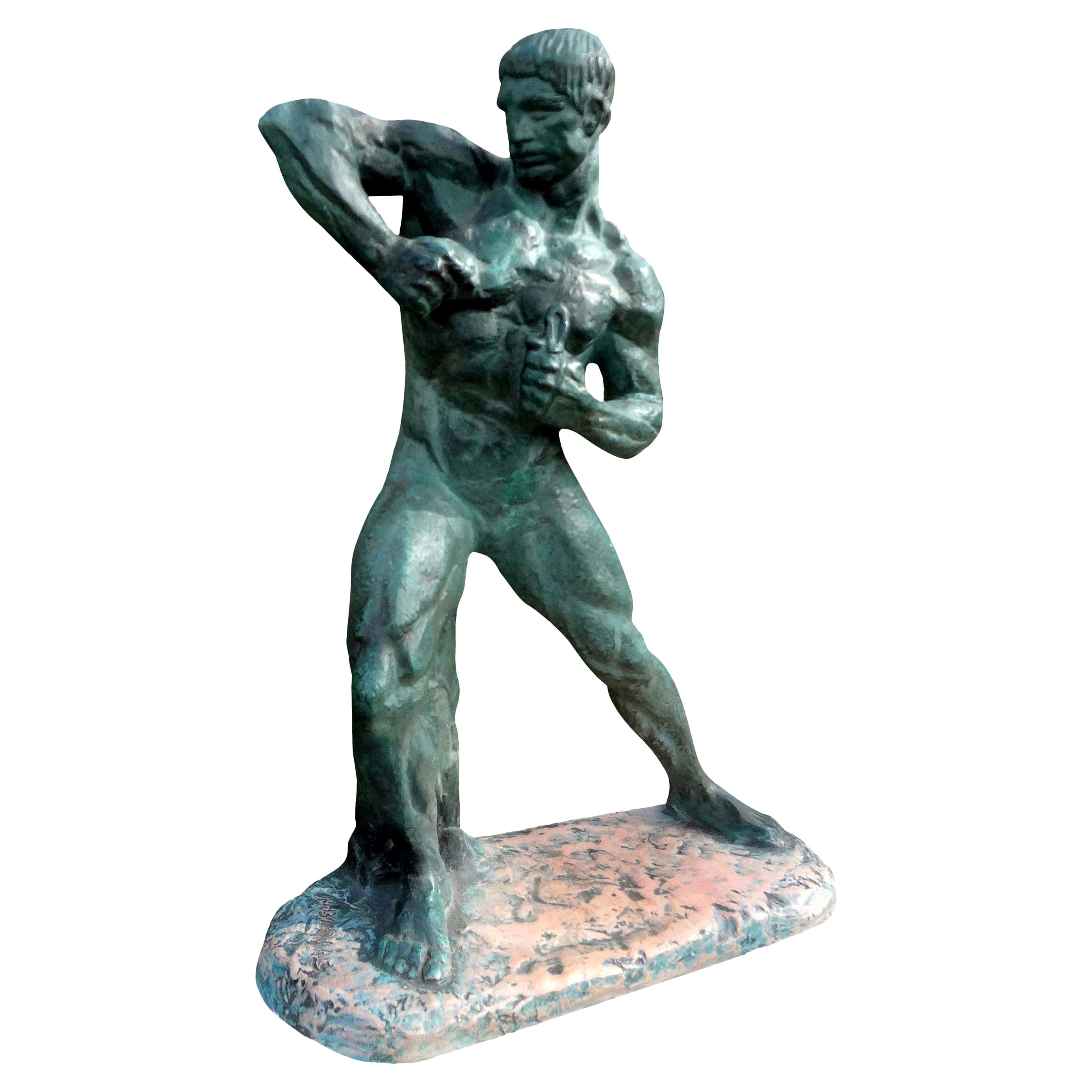 French Art Deco Bronze Sculpture of an Athlete on a Marble Base For