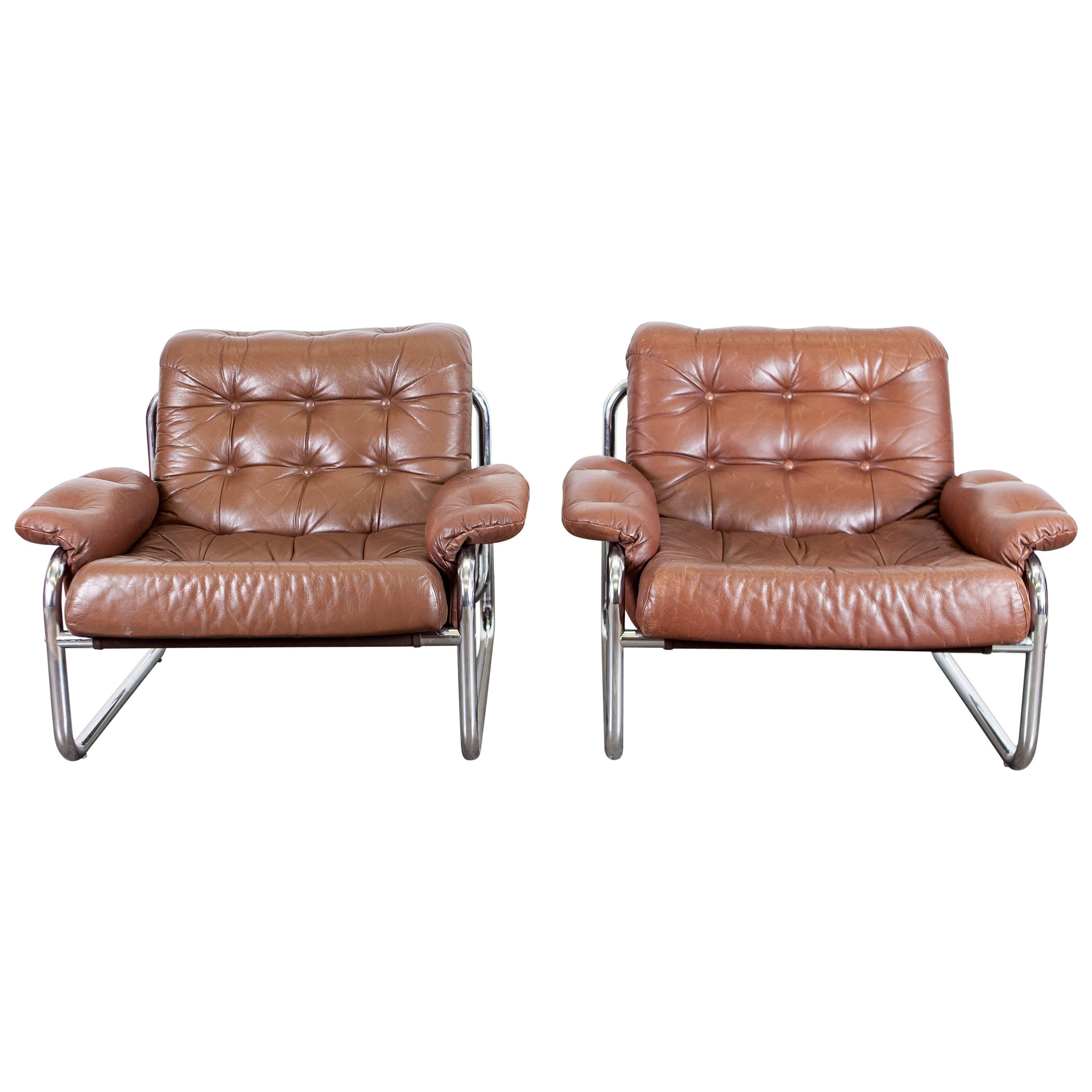 Pair of Johan Bertil Häggström, 1970s Leather Lounge Chairs