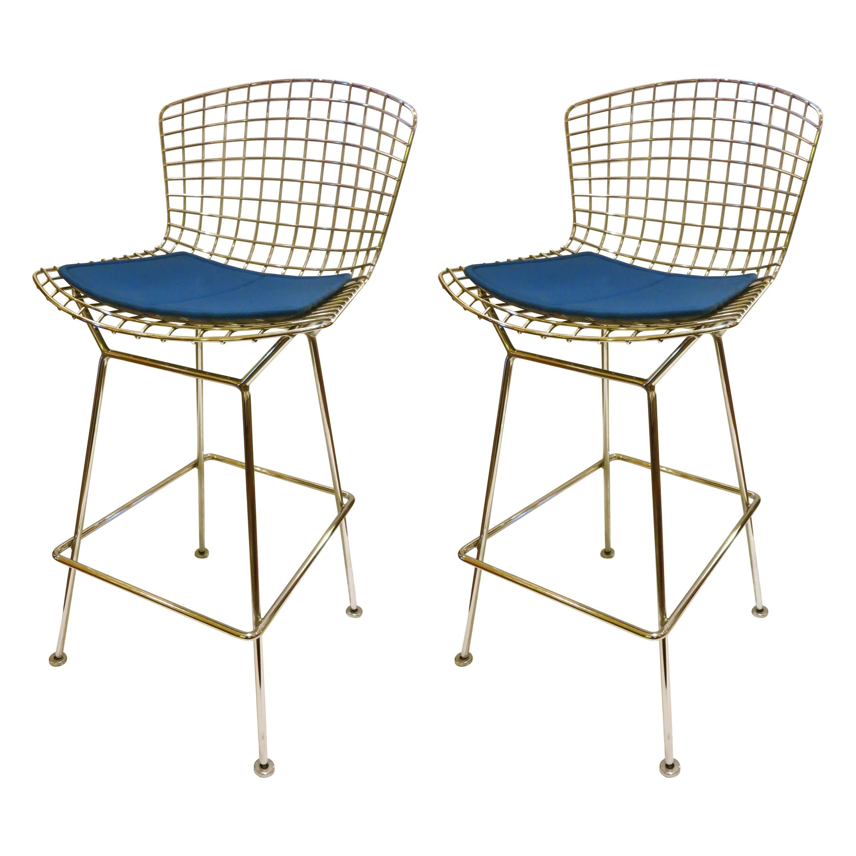 Pair of Barstools Designed by Harry Bertoia for Knoll with Blue Cloth Pads