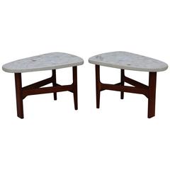 Harvey Probber Trapeze Terrazzo and Walnut Side Tables