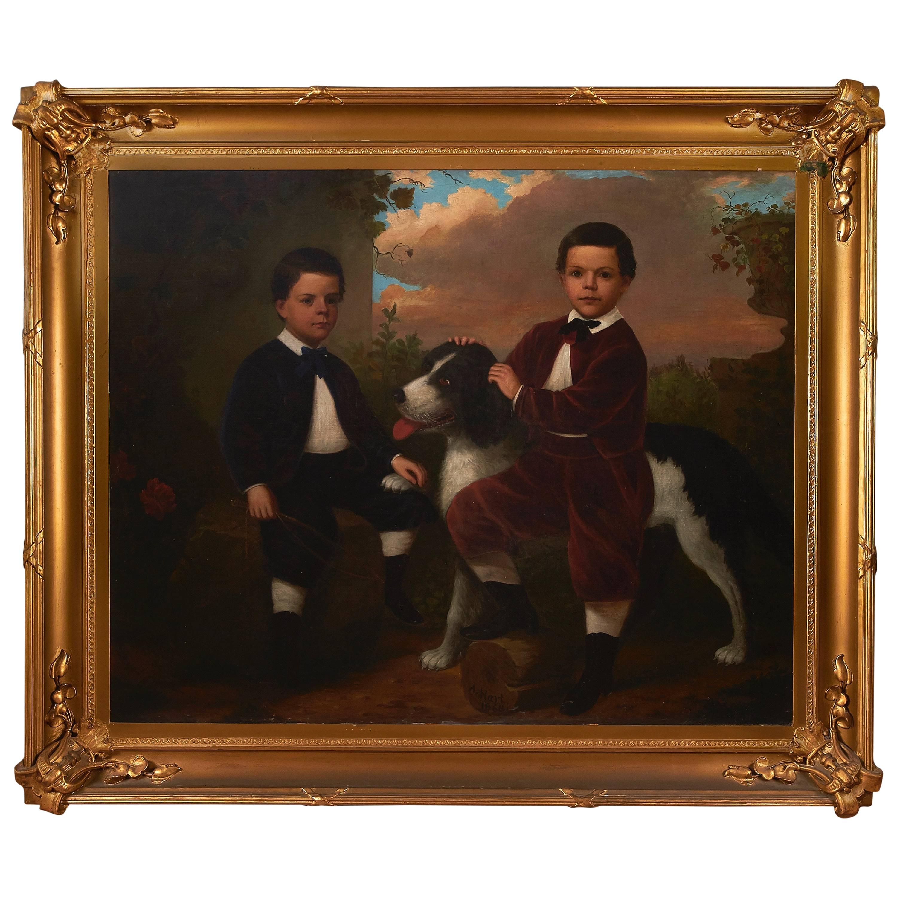Alfred A. Hart, Impressive Large-Scale Oil on Canvas Family Portrait with Dog 