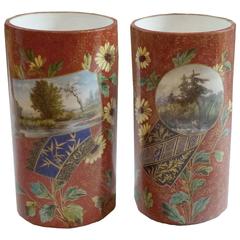 French Japonisme Faience Pair of Vases, Red Grounds Flecked with Gold