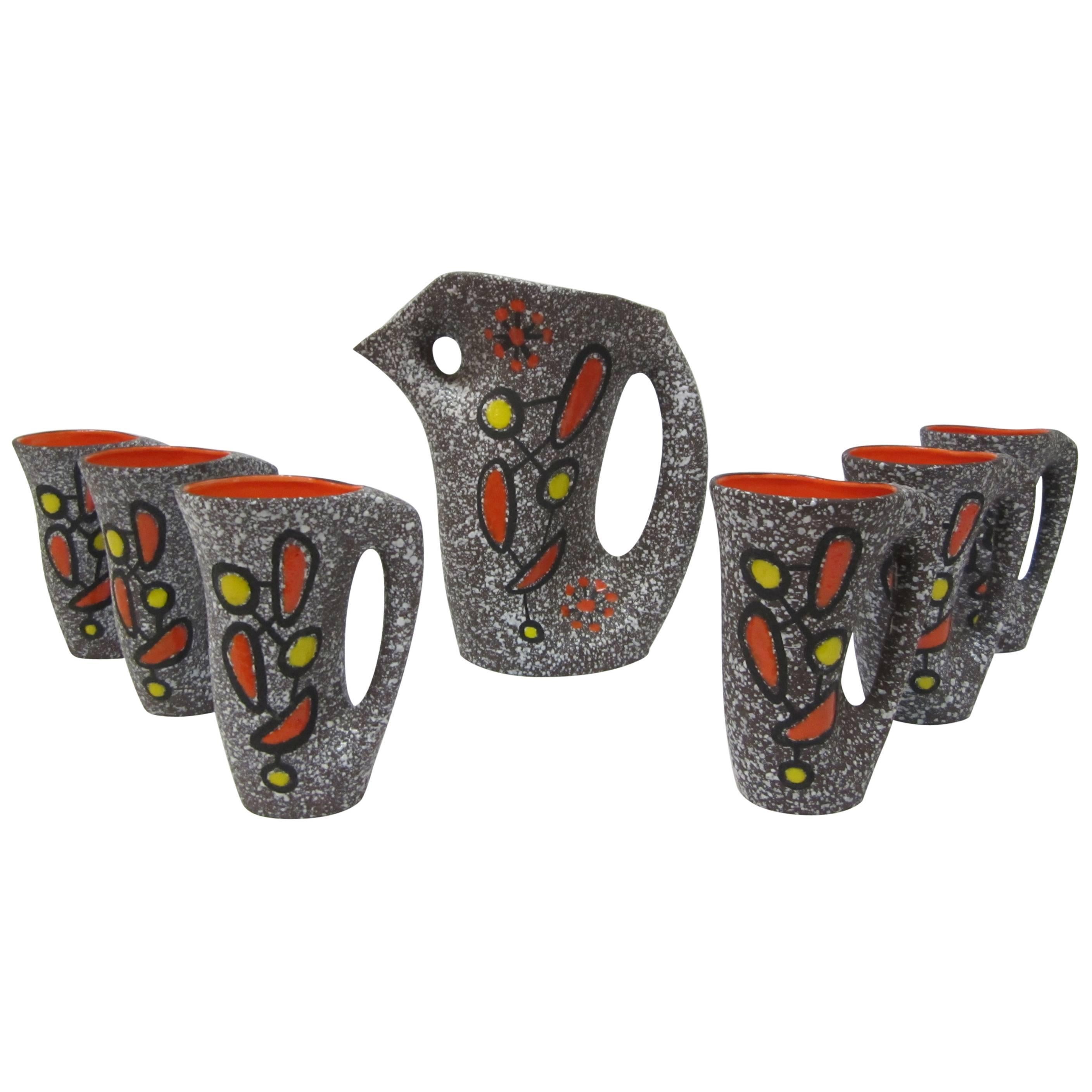 Vallauris Ceramic Pitcher with Six Cups Designed by Le Vaucour, France, 1950s For Sale