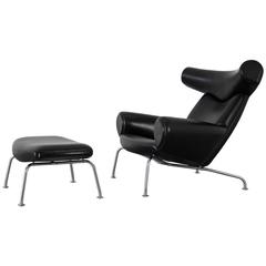 Black Leather "Ox-Chair" with Ottoman by Hans Wegner, A.P. Stolen