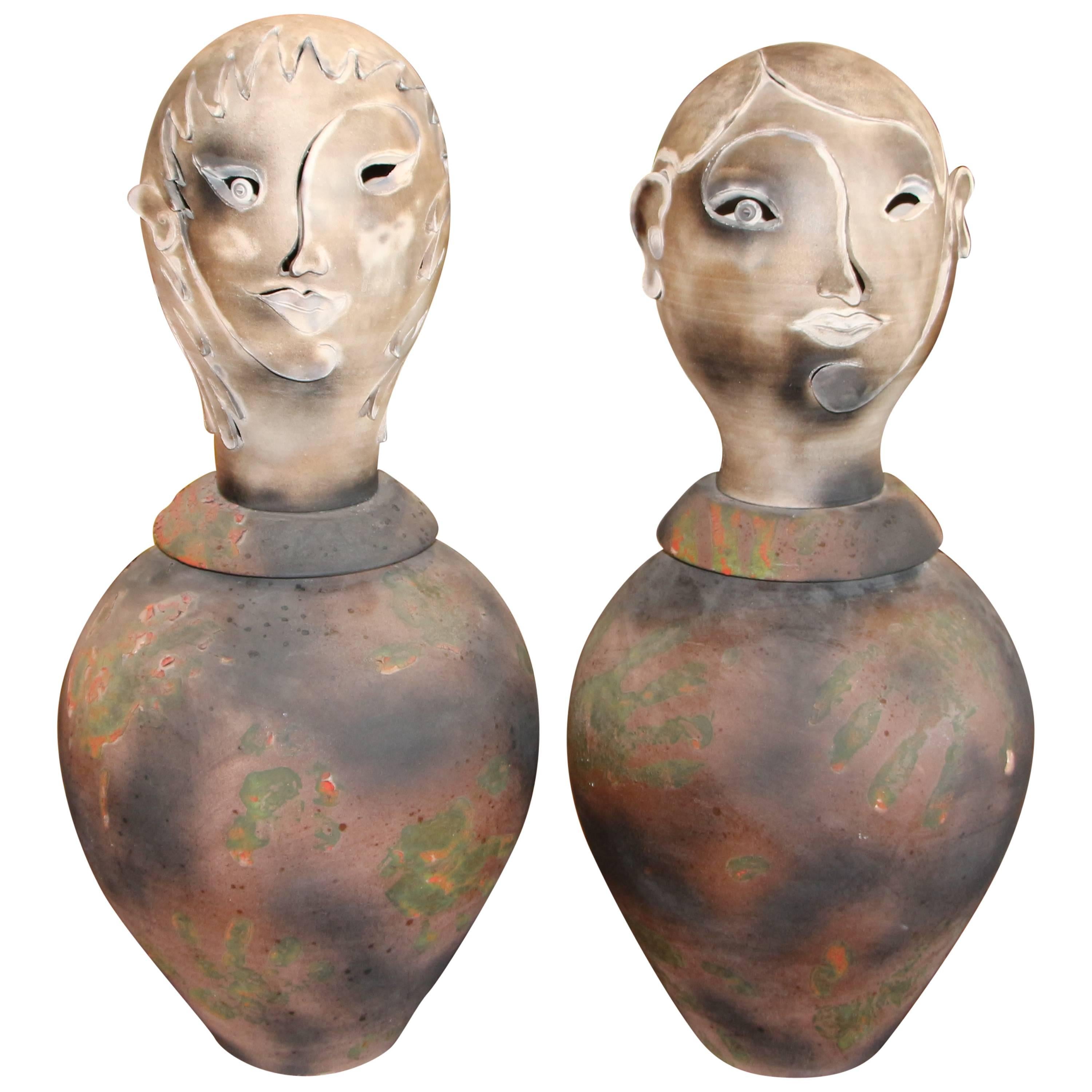Spectacular Large Raku Pottery Vases with Busts as Tops
