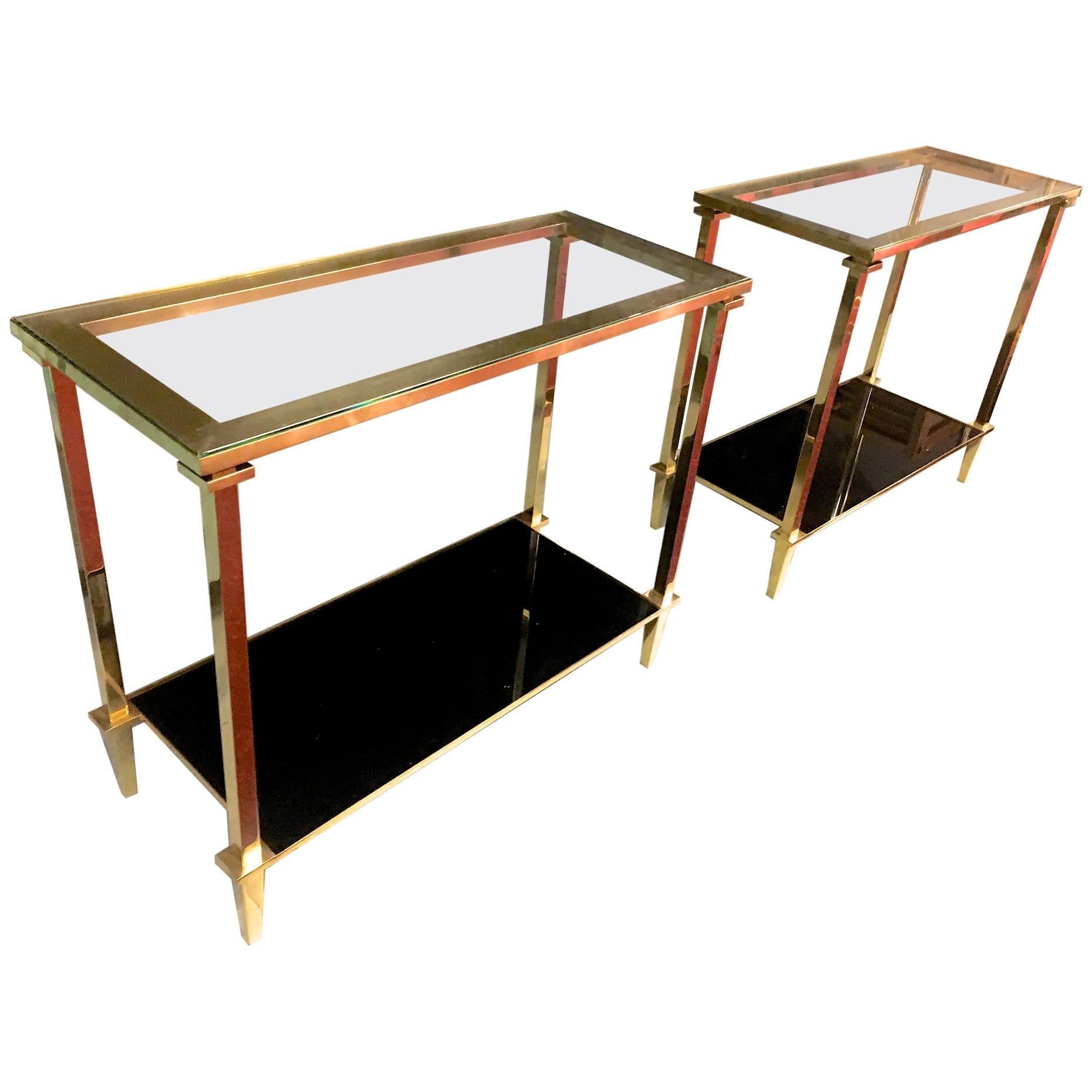 Refined Pair of Two Tiers Side Tables with Bronze Pure Hardware For Sale