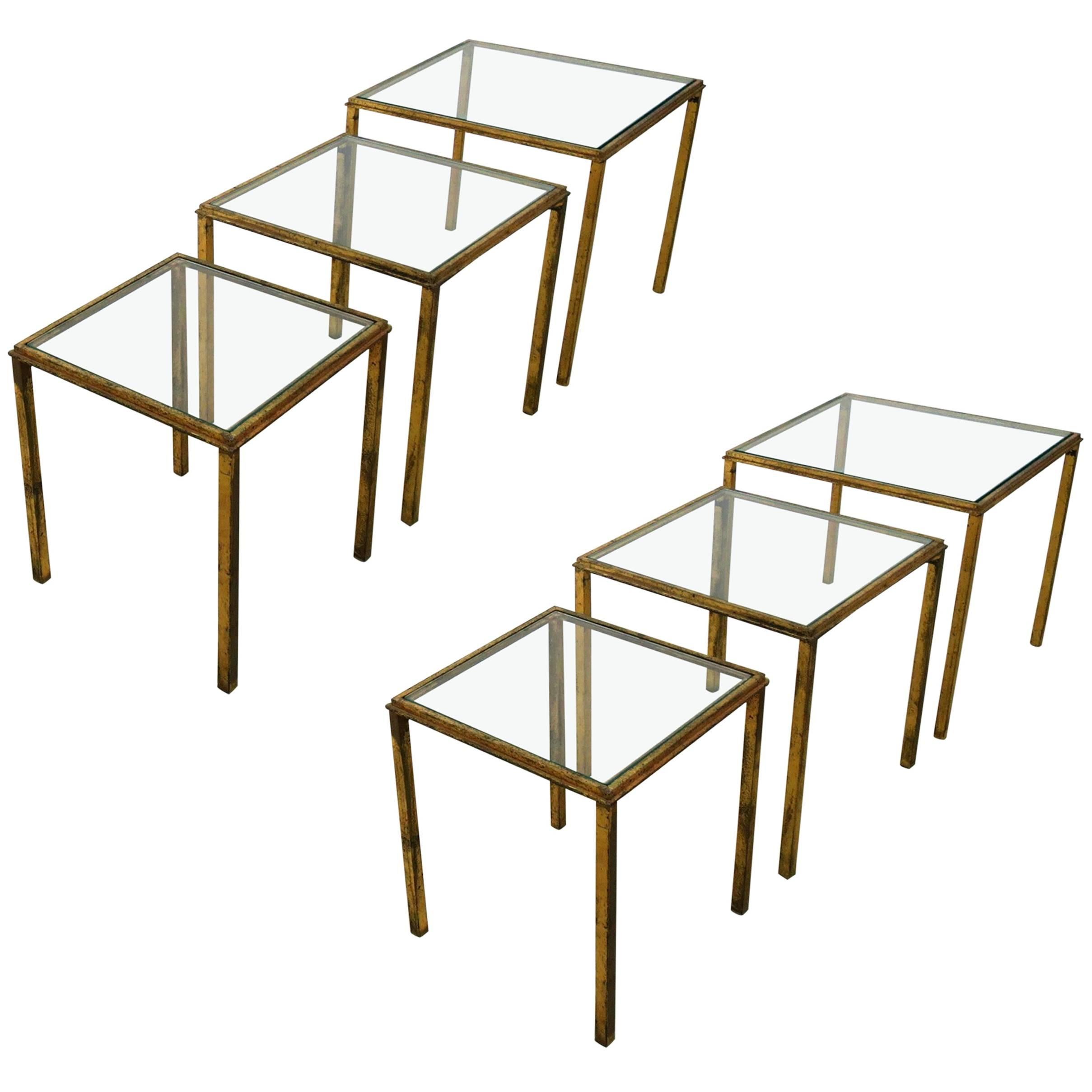 Two Sets of Mid-Century Three Gilt Wrought Iron Side Tables  by R.Thibier 