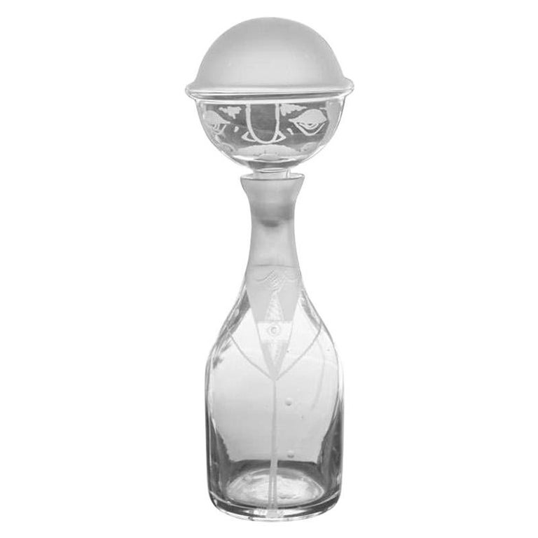 Vintage Etched Glass Whimsical Man Decanter Bottle Barware