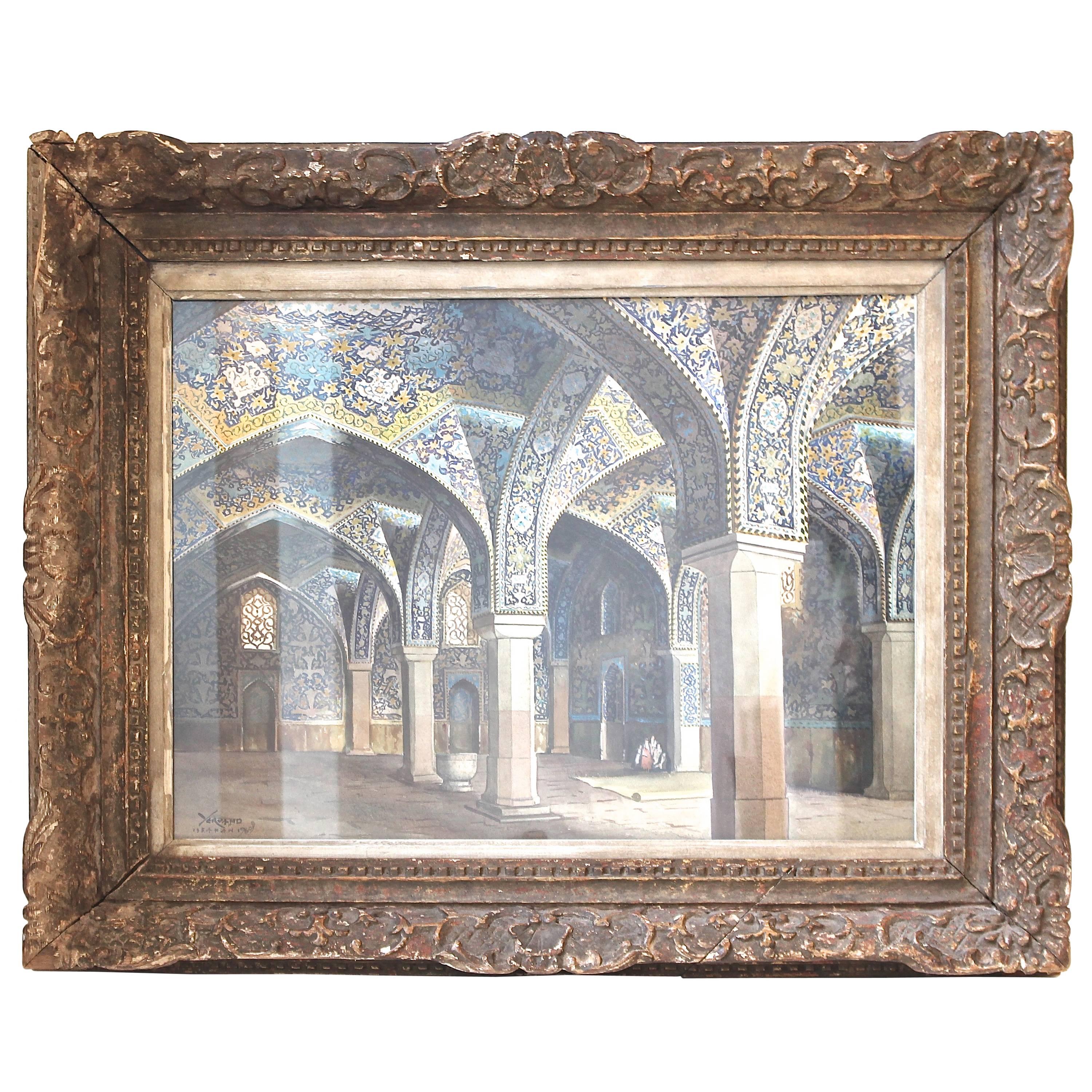 Mosque Interior Watercolor by Nahapetian Yervand "Isfahan, 1969"