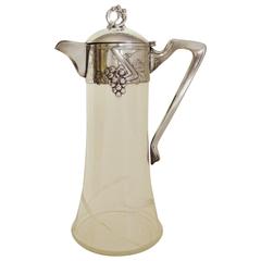 Large French Art Nouveau Cut Glass Claret Jug with Silver Plated Neck and Lid