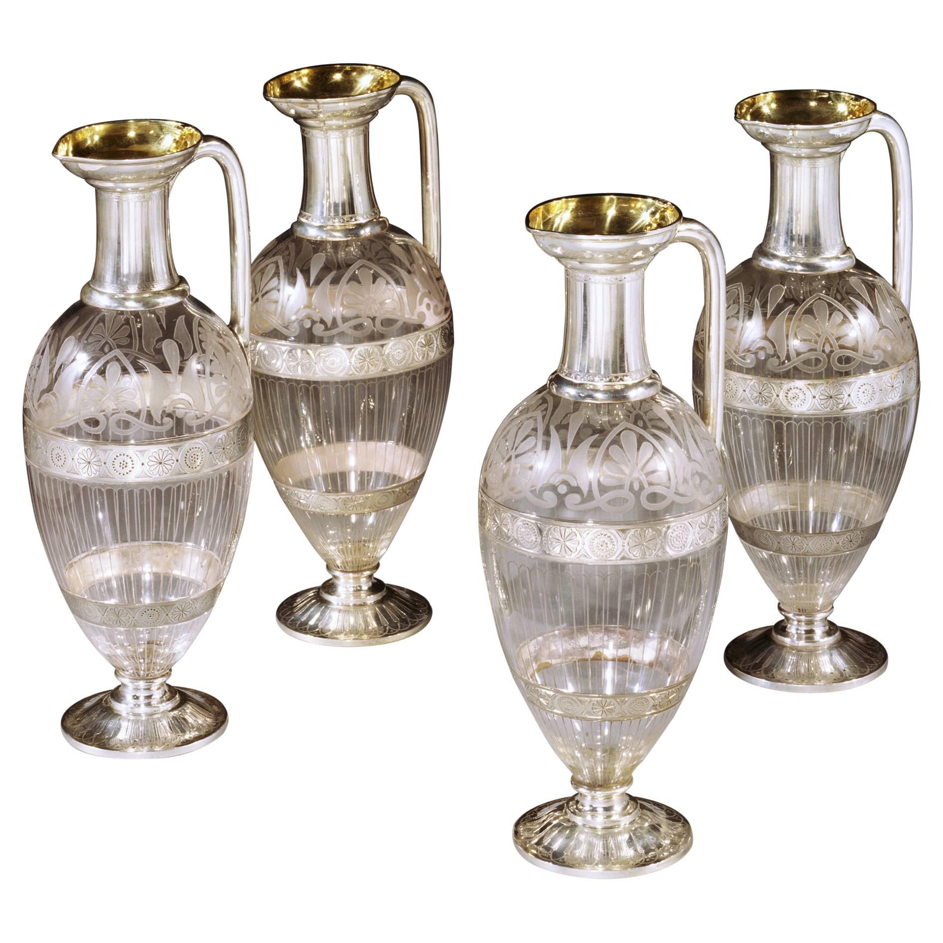 Set of Four Victorian Silver Mounted Etched Glass Claret Jugs For Sale