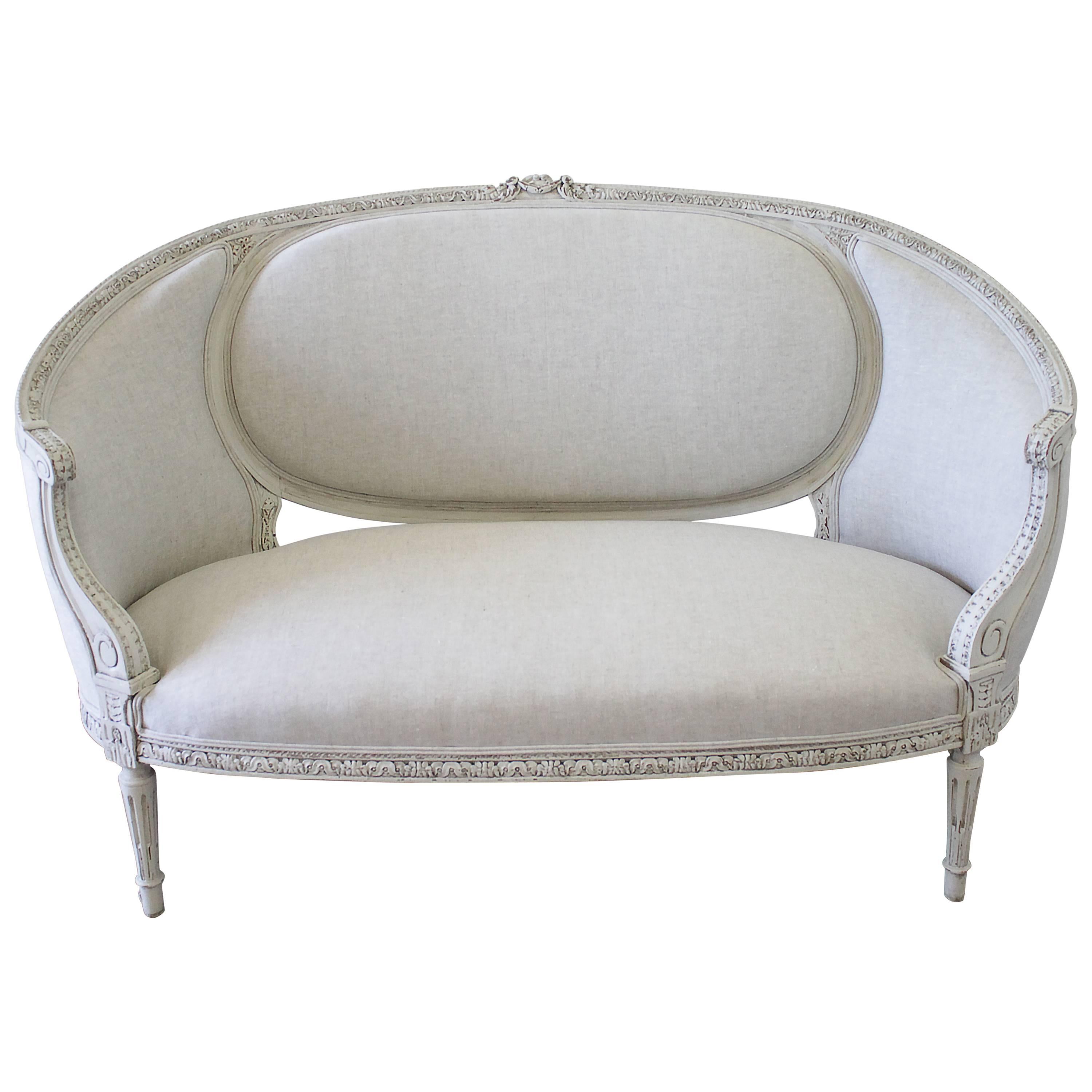French Louis XVI Style Carved Painted Antique Canape Settee Sofa, 19th Century
